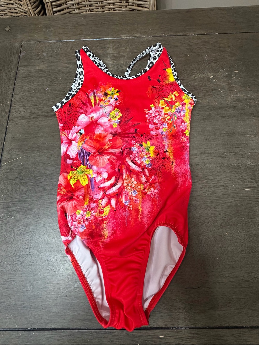 Red Floral One-Piece Swimsuit for Girls with Leopard Trim